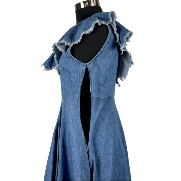 TOV HOLY DENIM ONE SHOULDER RAW HEM RUFFLE HIGH LOW MIDI DRESS - Picture 11 of 16